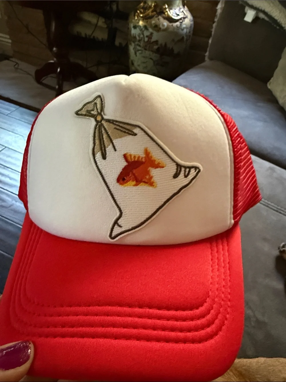 Red and White Mesh Trucker Hat with Goldfish Patch unisex kids or adults